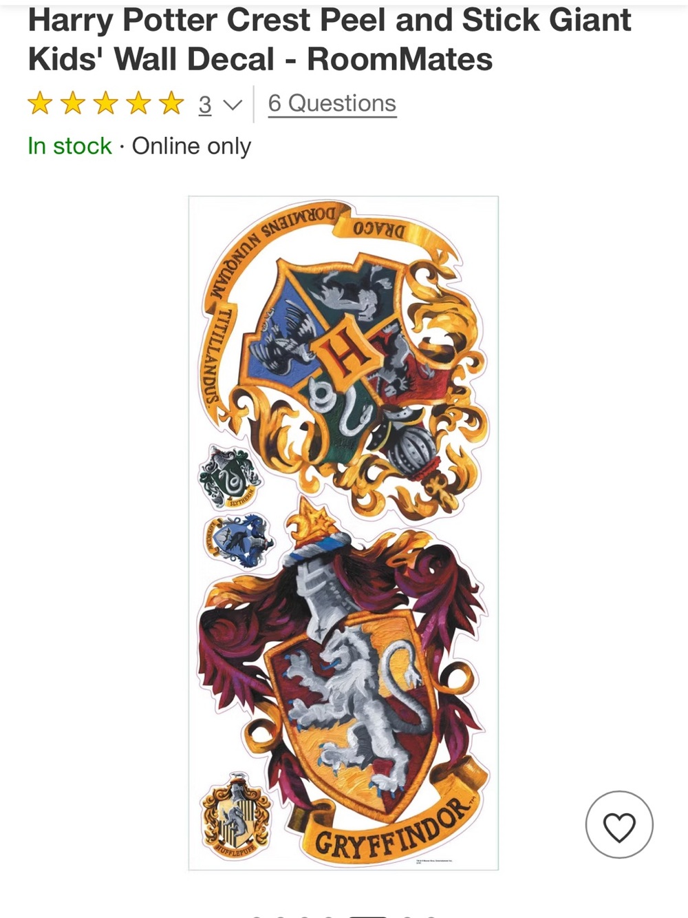 NWT Harry Potter Crest Peel and Stick Giant Kids' Wall Decal